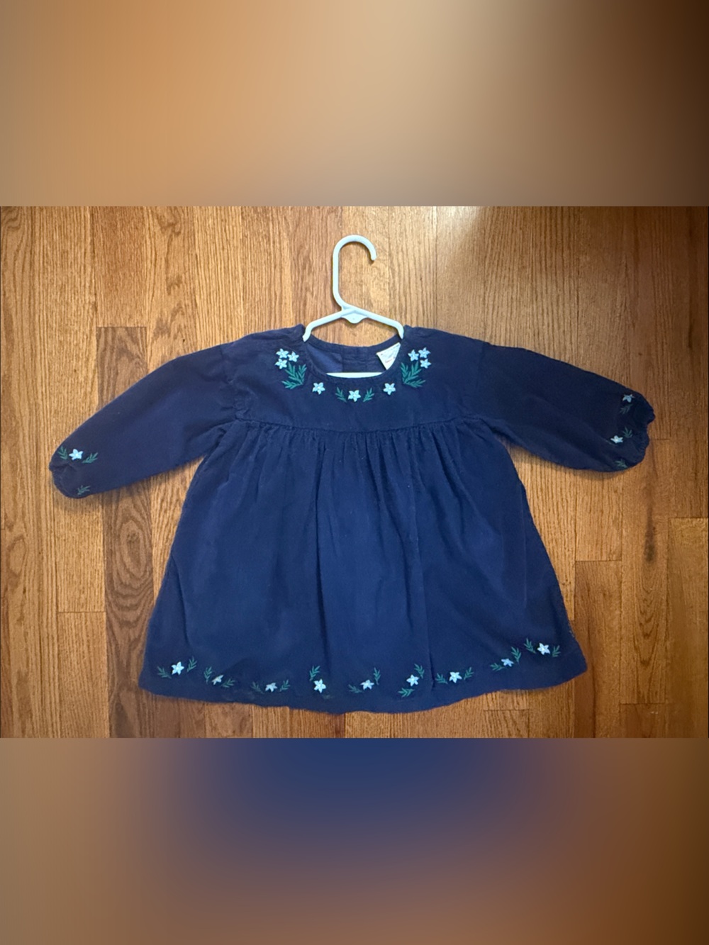 Hanna Andersson Corduroy Navy Blue Long-Sleeve Embroidered Floral Dress